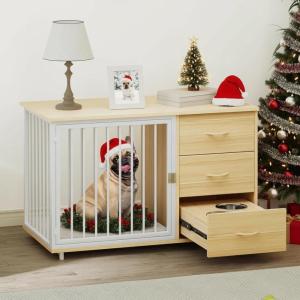 imageYITAHOME Dog Crate Furniture 41quot Heavy Duty Dog Kennel with 2 Drawers Wooden Dog Crate End Table for Medium Small Medium Dogs Rustic BrownWalnut White