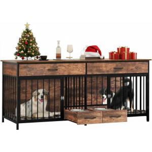 imageYITAHOME Dog Crate Furniture with Dual USB Charger Wooden Dog Kennel End Table with Cushion Tray Drawer for Small Dogs Under 25 lbs Indoor Use WhiteBrown