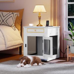 imageYITAHOME Dog Crate Furniture with Dual USB Charger Wooden Dog Kennel End Table with Cushion Tray Drawer for Small Dogs Under 25 lbs Indoor Use WhiteWhite