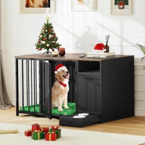 imageYITAHOME Dog Crate Furniture with Feeder Bowls 55quot Large Breed Dog Kennel with Storage Drawer Heavy Duty Dog House TV Stand Indoor for Medium Dogs BlackBlack