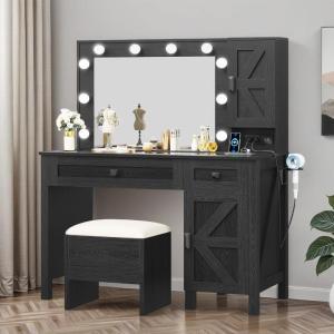 imageYITAHOME Farmhouse Vanity Desk with Mirror Retro Makeup Table Set with Charging Station 10 Dimmable Lights 2 Drawers ampamp 2 Cabinets Rustic BrownBlack