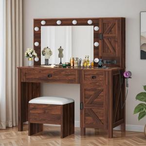 imageYITAHOME Farmhouse Vanity Desk with Mirror Retro Makeup Table Set with Charging Station 10 Dimmable Lights 2 Drawers ampamp 2 Cabinets Rustic BrownRustic Brown