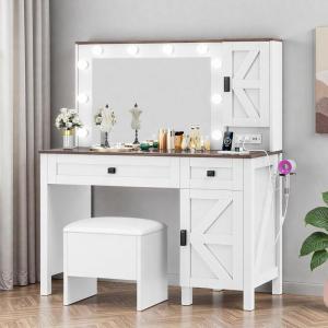 imageYITAHOME Farmhouse Vanity Desk with Mirror Retro Makeup Table Set with Charging Station 10 Dimmable Lights 2 Drawers ampamp 2 Cabinets Rustic BrownWhite