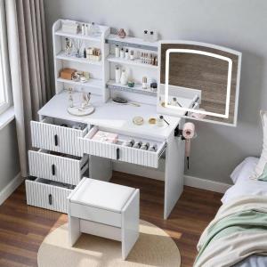 imageYITAHOME Fluted Makeup Vanity Desk Vanity Dressing Table Set with LED Mirror ampamp Power Outlets 3Color LED Lighted 4 Drawers Hidden Storage and Storage Stool