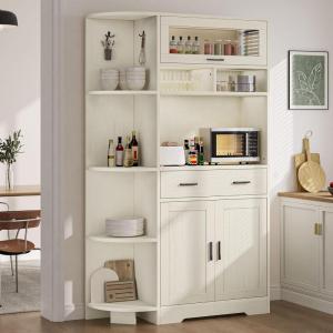 imageYITAHOME Kitchen Pantry Storage Cabinet 67quot Tall Kitchen Hutch with Outlet ampamp Door ampamp Shelves ampamp Drawer Farmhouse Wooden Microwave Stand Buffet Coffee Bar for Home Living Dining Room OffWhiteOffwhite