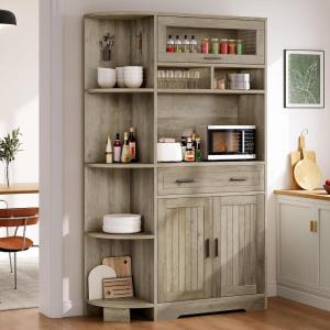 imageYITAHOME Kitchen Pantry Storage Cabinet 67quot Tall Kitchen Hutch with Outlet ampamp Door ampamp Shelves ampamp Drawer Farmhouse Wooden Microwave Stand Buffet Coffee Bar for Home Living Dining Room OffWhiteAntique Gray