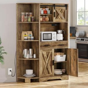 imageYITAHOME Kitchen Pantry Storage Cabinet 67quot Tall Kitchen Hutch with Outlet ampamp Door ampamp Shelves ampamp Drawer Farmhouse Wooden Microwave Stand Buffet Coffee Bar for Home Living Dining Room OffWhiteBrown
