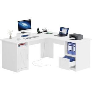 imageYITAHOME L Shaped Desk with Power Outlets 60 Inch Computer Desk Corner Desk with File Drawer Home Office Desk with Monitor Stand ampamp Storage Shelves LShaped Desk with File Cabinet WhiteWhite