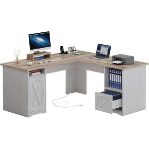 imageYITAHOME L Shaped Desk with Power Outlets 60 Inch Computer Desk Corner Desk with File Drawer Home Office Desk with Monitor Stand ampamp Storage Shelves LShaped Desk with File Cabinet WhiteGrey Wash