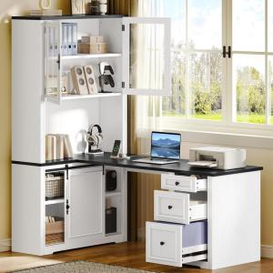 imageYITAHOME L Shaped Executive Desk with Hutch and Drawers Farmhouse Home Office Desk with Power Outlet Wood Corner Computer Desk with Sliding Door Storage Cabinet with Glass Door White ampamp BlackWhite  Black