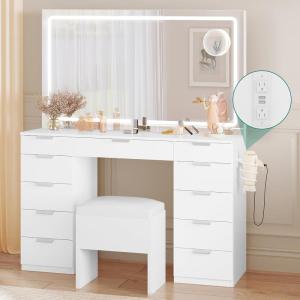 imageYITAHOME Makeup Vanity Set with LED Illuminated Mirror ampamp Power Outlet 46 Cosmetics Vanity Desk Boasting 11 Drawers Dressing Table with LightsPristine White