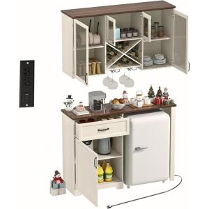 imageYITAHOME Mini Fridge Cabinet and Wall Pantry Hutch Set Coffee Bar Cabinets with Mini Fridge Space Storage Outlet Glass Rack and Beverage Station for Kitchen Home Bar Dining Room White WalnutWhite Walnut