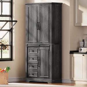 imageYITAHOME Pantry Cabinet 71Inch Tall Freestanding Storage Cabinet with 4 Drawers Farmhouse Cupboard with Doors Storage Adjustable Shelves for Living Room Dining Room Black OakRustic Gray Oak