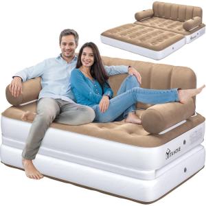 imageYITAHOME Queen Size Inflatable Sofa Bed with Headboard and Pump Convertible Blow Up Couch 2in1 Black Air Sofa Bed for Home Camping and Guests BrownBrown  White