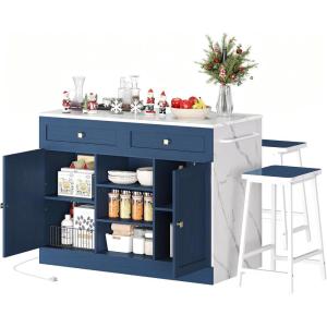 imageYITAHOME Rolling Kitchen island with Seating and LED Lights Mobile Storage Islands with Drop Leaf Dining Table with Power Outlet 2 Drawers and Soft Stools SpiceTowel Rack Lacquered Finish BlackNavy Blue