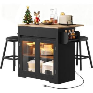 imageYITAHOME Rolling Kitchen island with Seating and LED Lights Mobile Storage Islands with Drop Leaf Dining Table with Power Outlet 2 Drawers and Soft Stools SpiceTowel Rack Lacquered Finish BlackBlack