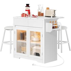 imageYITAHOME Rolling Kitchen island with Seating and LED Lights Mobile Storage Islands with Drop Leaf Dining Table with Power Outlet 2 Drawers and Soft Stools SpiceTowel Rack Lacquered Finish BlackWhite