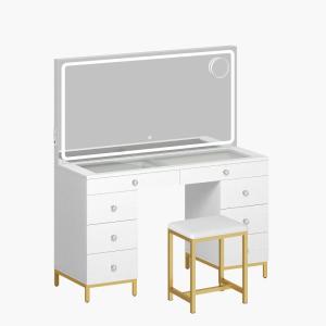 imageYITAHOME Vanity Desk Set with Large LED Lighted Mirror Magnifying Glass ampamp Power Outlet 8 Drawers Makeup Vanities Dressing Table with Stool White 47 InchesWhite