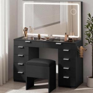 imageYITAHOME Vanity Desk with LED Mirror ampamp Power Outlets 10 Drawers Makeup Vanity Table with Storage Stool Sturdy Wooden Vanity with 3 Color ModesBlack