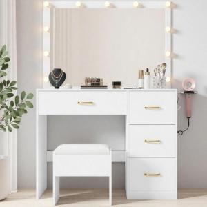 imageYITAHOME Vanity Desk with Mirror Makeup Vanity Set Vanity Table with Power Outlets ampamp Cushioned Stool Modern Makeup Desk 11 LED BulbsWhite