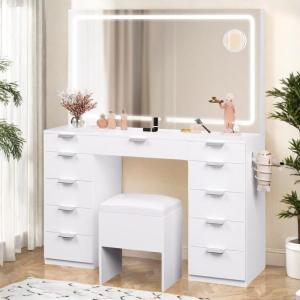 imageYITAHOME White Vanity Table with Mirror 46quot Makeup Desk with 11 Drawers Magnifying Mirror Cushioned Storage Stool Vanity Set with Power Outlet