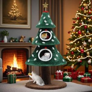 imageYITAHOME 60 in Christmas Cat Tree for Indoor Cats Tall Cat Tower Furniture with 2 Large Condos 5ft Christmas Tree Party Decoration with Cat House and Beds52in