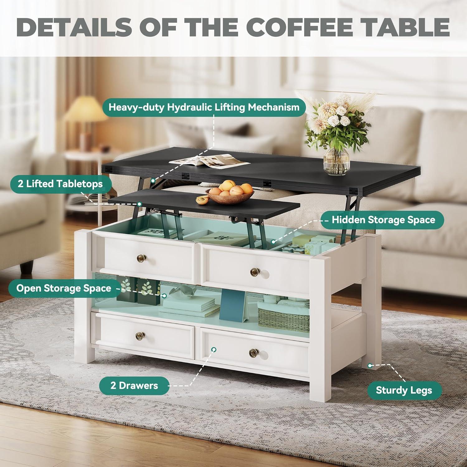 imageYITAHOME Coffee Table Lift Top 4 in 1 MultiFunction Convertible Coffee Table with Drawers and Hidden Compartment Converts to Dining Table for Living Room Home Office Black TopBlack Top
