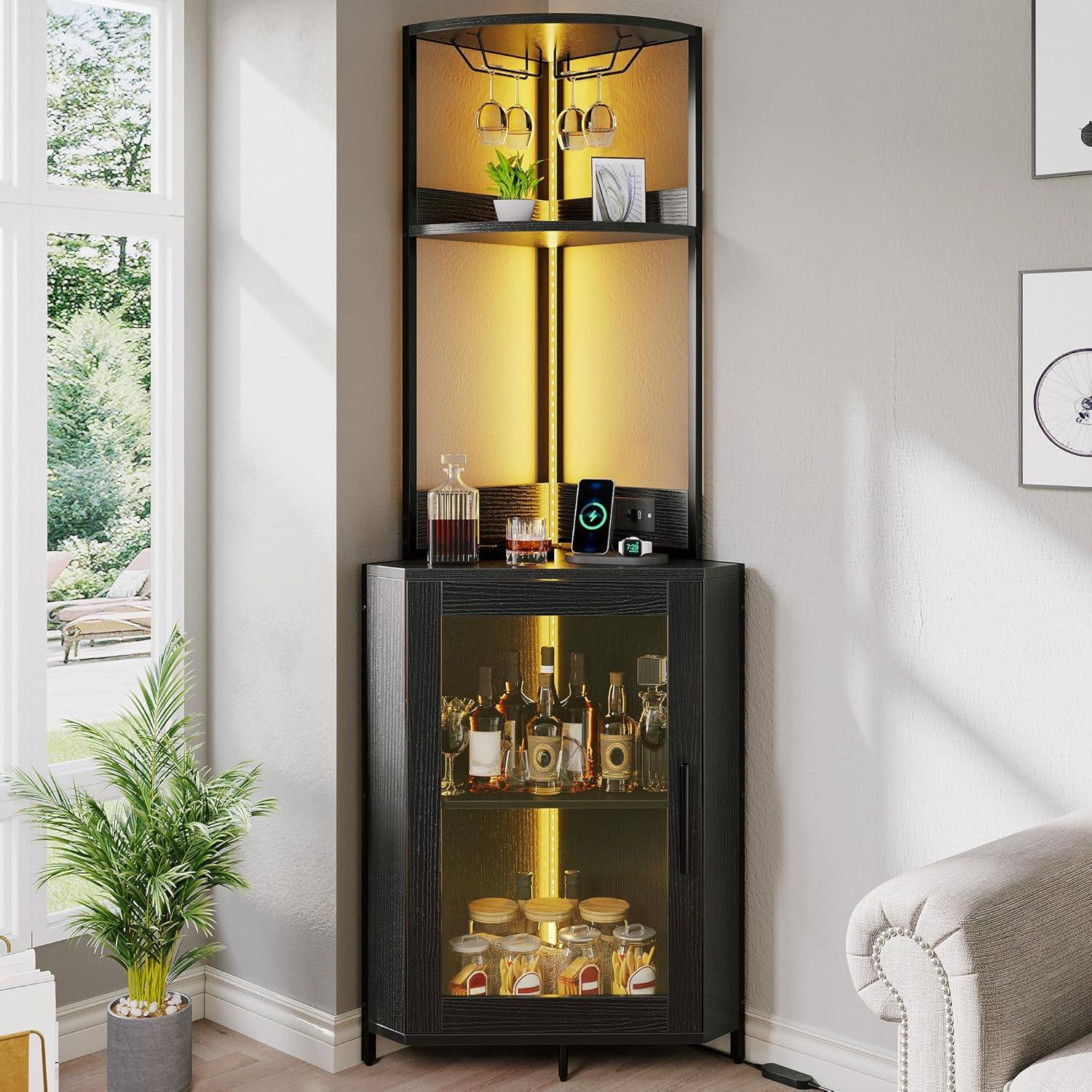 imageYITAHOME Corner Wine Cabinet with Power Outlets ampamp LED Lights Corner Bar Cabinet with Glass Holder Liquor Bar Rack Cabinet for Living Room Dining Room Kitchen Metal BlackMetal Black