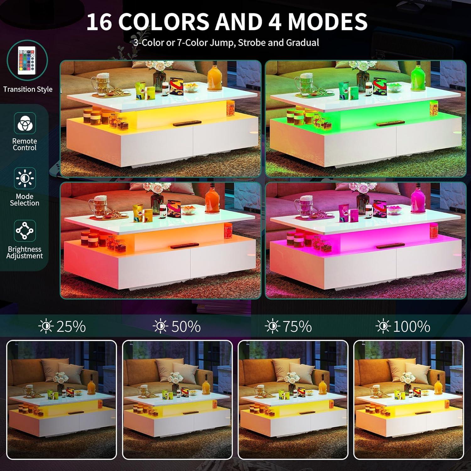 imageYITAHOME LED Coffee Table with Storage High Glossy LED Coffee Tables for Living Room Modern Black Rectangle Coffe Table Small Center Table with Open Display Shelf ampamp 4 Sliding Drawers Glossy BlackGlossy White