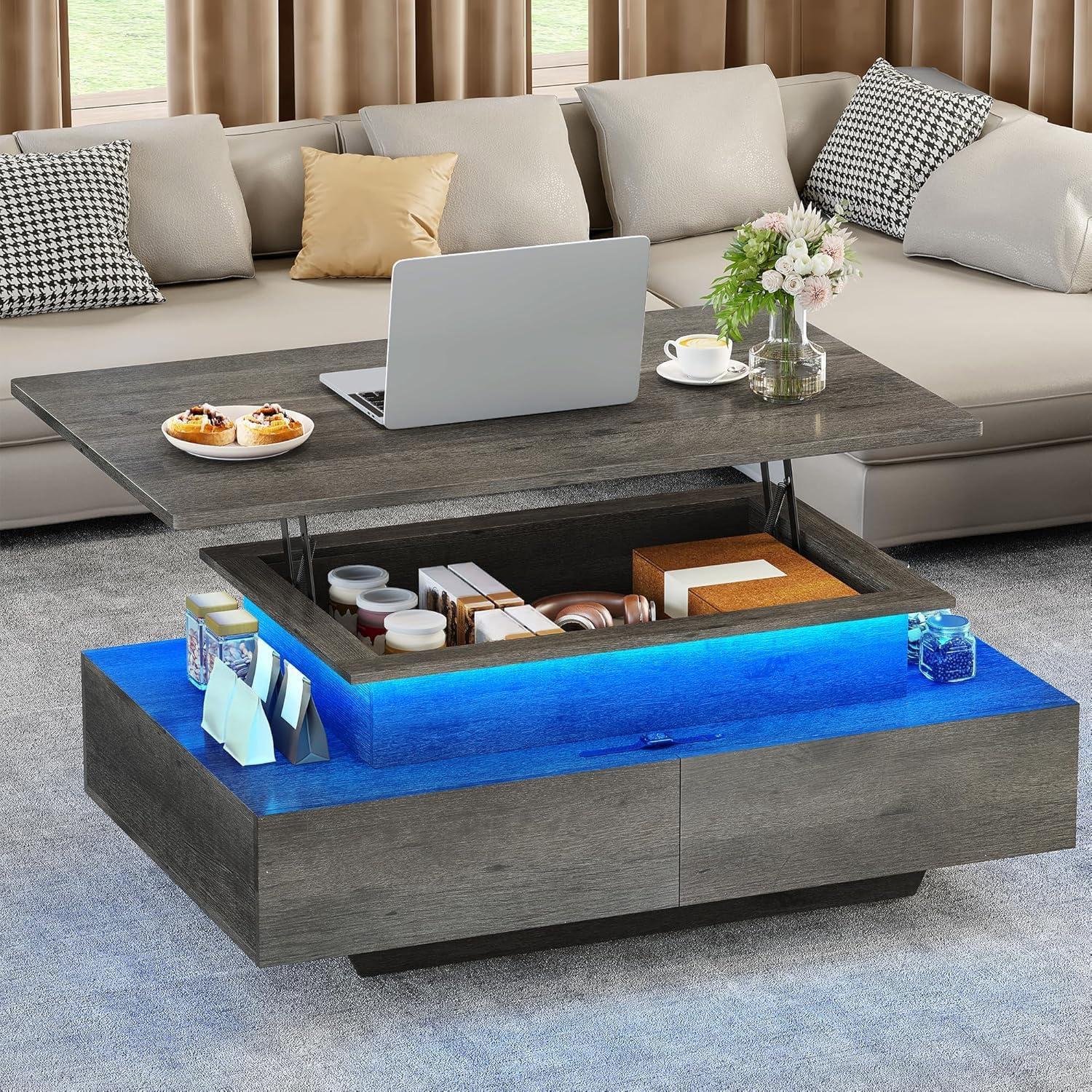 imageYITAHOME LED Coffee Table with Storage High Glossy LED Coffee Tables for Living Room Modern Black Rectangle Coffe Table Small Center Table with Open Display Shelf ampamp 4 Sliding Drawers Glossy BlackGrey