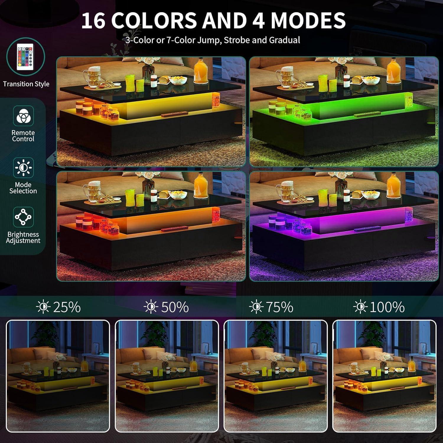 imageYITAHOME LED Coffee Table with Storage High Glossy LED Coffee Tables for Living Room Modern Black Rectangle Coffe Table Small Center Table with Open Display Shelf ampamp 4 Sliding Drawers Glossy BlackGlossy Black