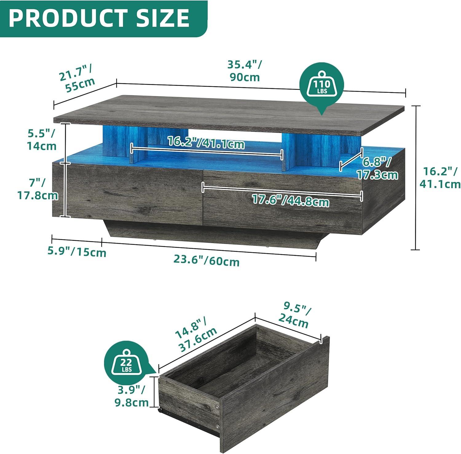 imageYITAHOME LED Coffee Table with Storage High Glossy LED Coffee Tables for Living Room Modern Black Rectangle Coffe Table Small Center Table with Open Display Shelf ampamp 4 Sliding Drawers Glossy BlackGrey