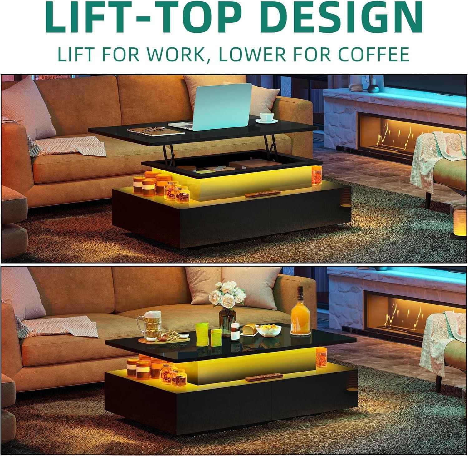 imageYITAHOME LED Coffee Table with Storage High Glossy LED Coffee Tables for Living Room Modern Black Rectangle Coffe Table Small Center Table with Open Display Shelf ampamp 4 Sliding Drawers Glossy BlackGlossy Black