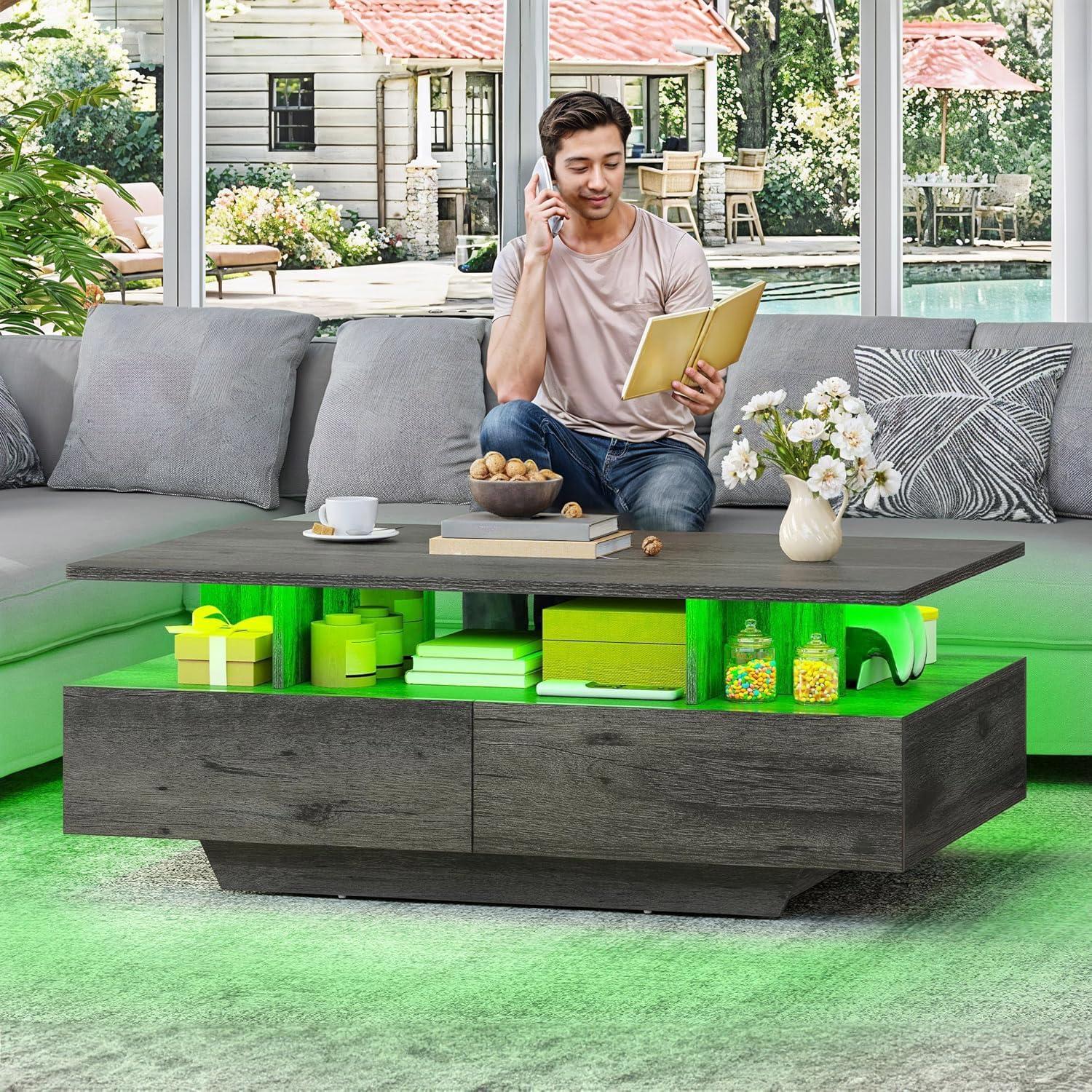 imageYITAHOME LED Coffee Table with Storage High Glossy LED Coffee Tables for Living Room Modern Black Rectangle Coffe Table Small Center Table with Open Display Shelf ampamp 4 Sliding Drawers Glossy BlackGrey