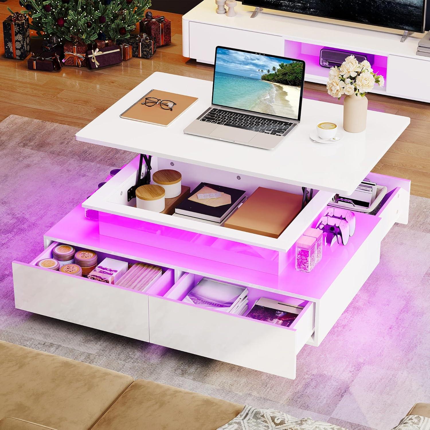 imageYITAHOME LED Coffee Table with Storage High Glossy LED Coffee Tables for Living Room Modern Black Rectangle Coffe Table Small Center Table with Open Display Shelf ampamp 4 Sliding Drawers Glossy BlackGlossy White