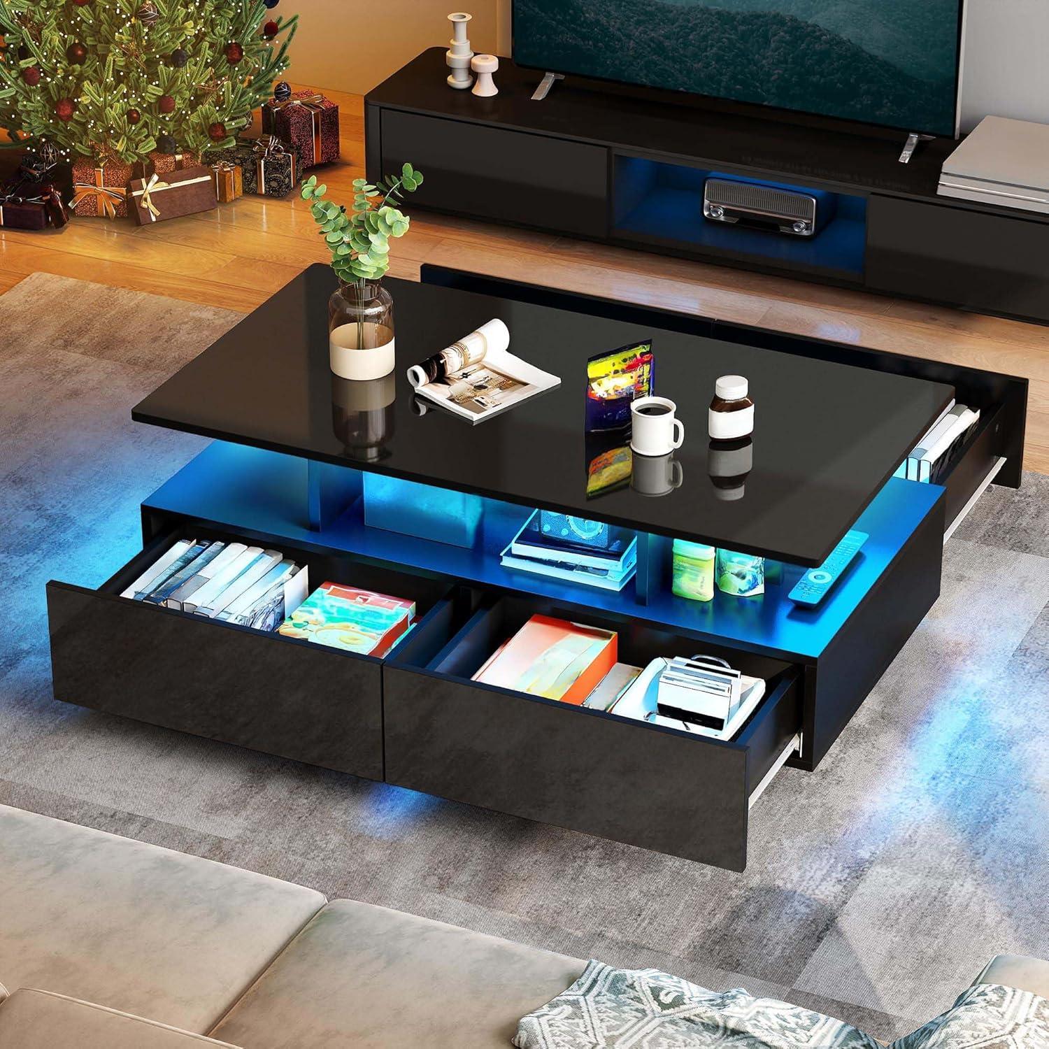 imageYITAHOME LED Coffee Table with Storage High Glossy LED Coffee Tables for Living Room Modern Black Rectangle Coffe Table Small Center Table with Open Display Shelf ampamp 4 Sliding Drawers Glossy BlackGlossy Black