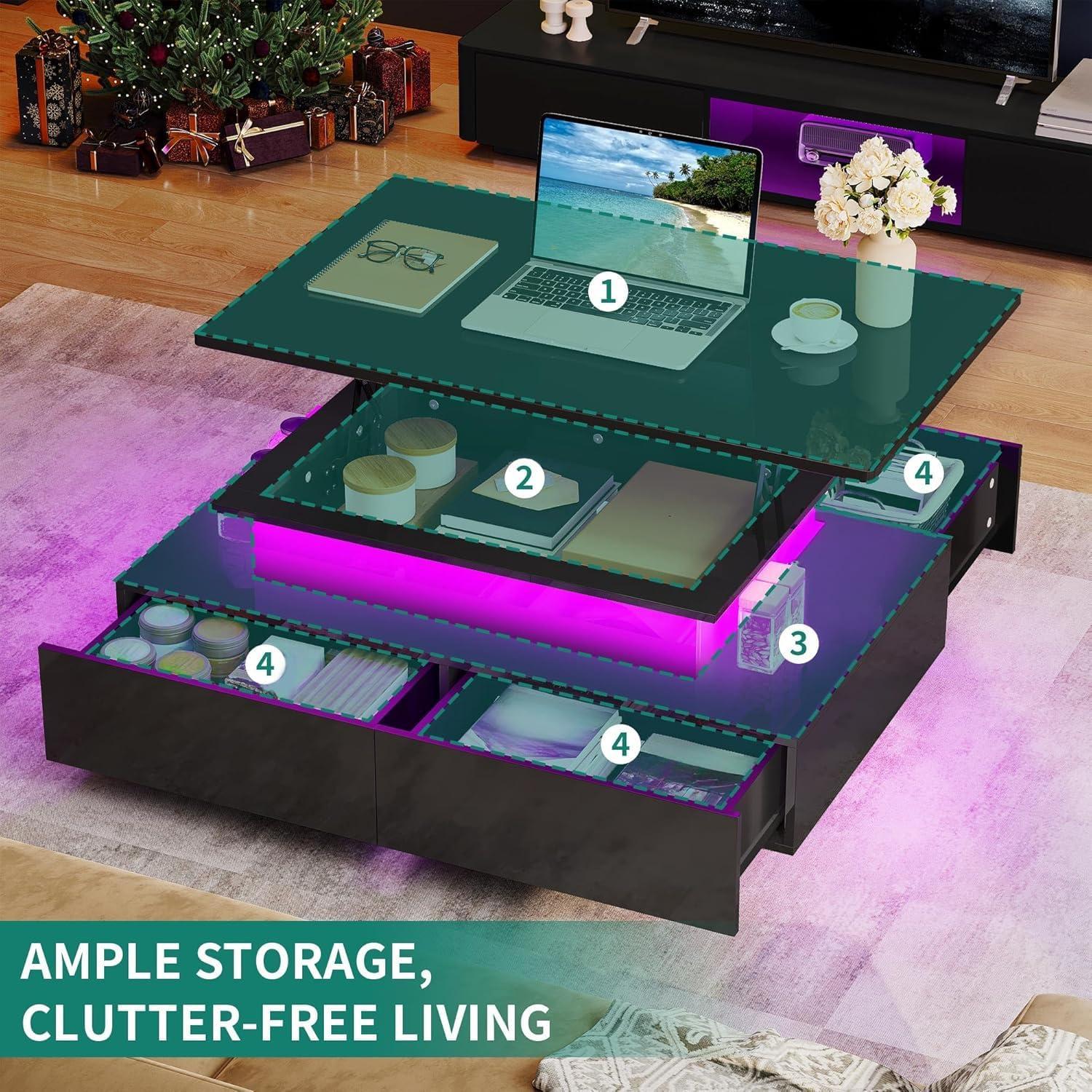 imageYITAHOME LED Coffee Table with Storage High Glossy LED Coffee Tables for Living Room Modern Black Rectangle Coffe Table Small Center Table with Open Display Shelf ampamp 4 Sliding Drawers Glossy BlackGlossy Black