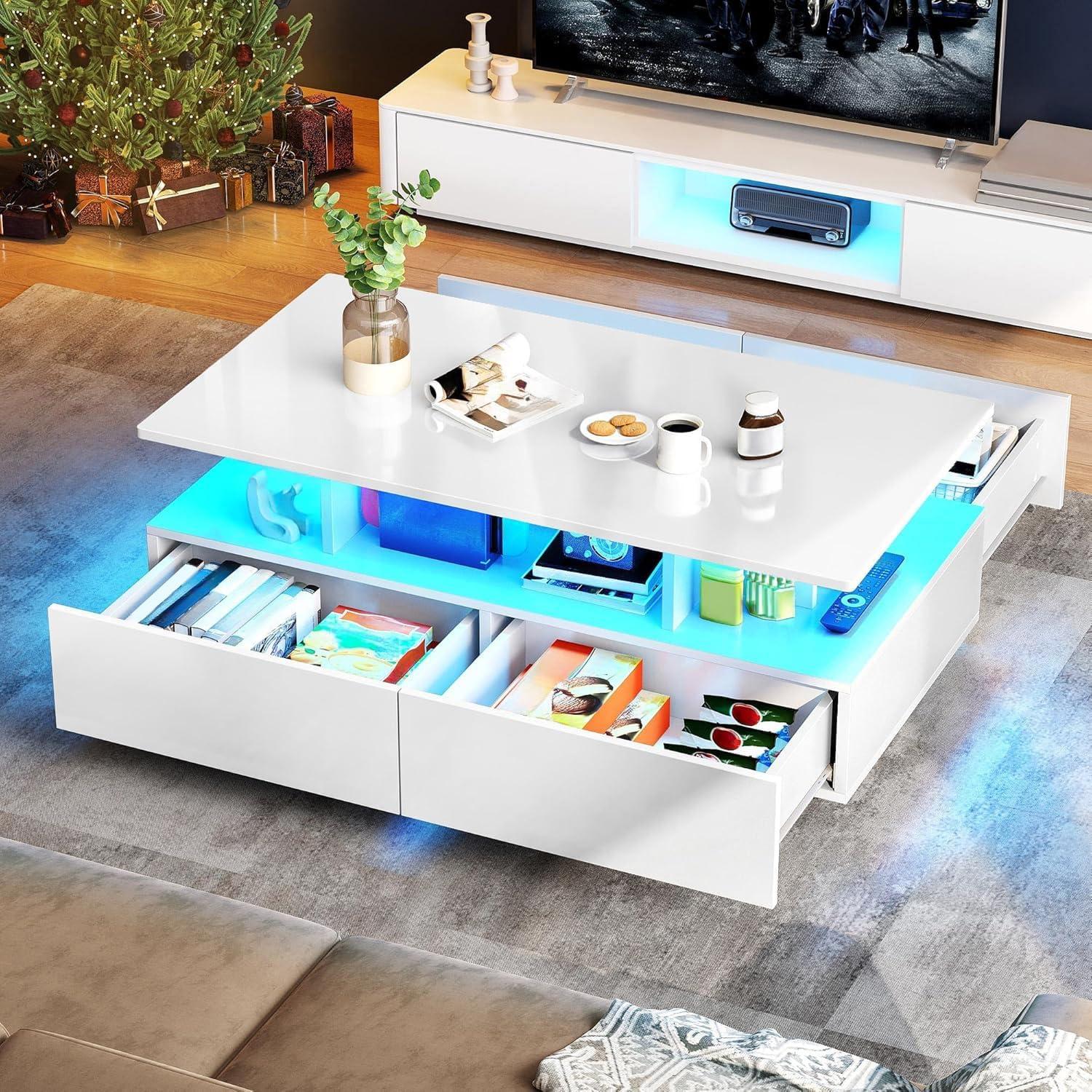 imageYITAHOME LED Coffee Table with Storage High Glossy LED Coffee Tables for Living Room Modern Black Rectangle Coffe Table Small Center Table with Open Display Shelf ampamp 4 Sliding Drawers Glossy BlackWhite
