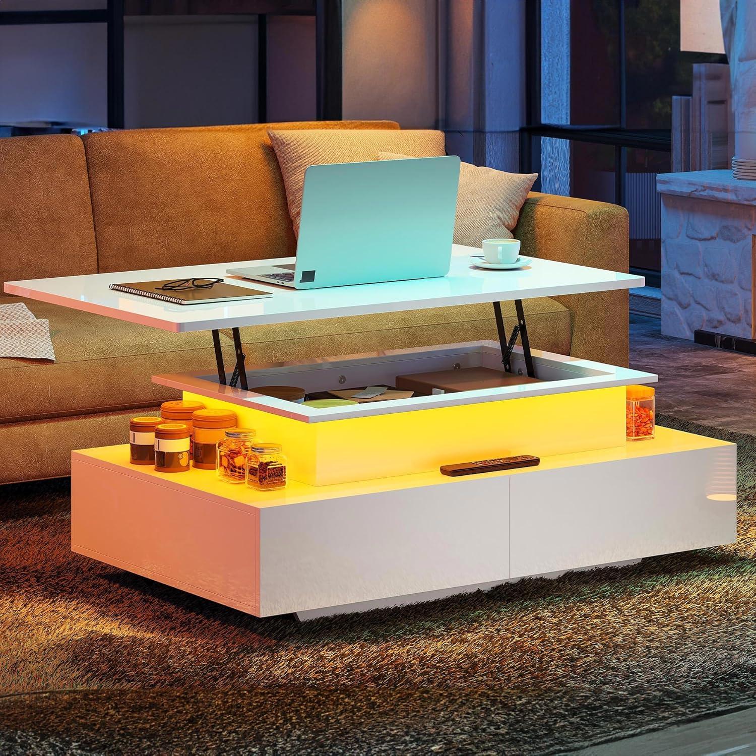 imageYITAHOME LED Coffee Table with Storage High Glossy LED Coffee Tables for Living Room Modern Black Rectangle Coffe Table Small Center Table with Open Display Shelf ampamp 4 Sliding Drawers Glossy BlackGlossy White