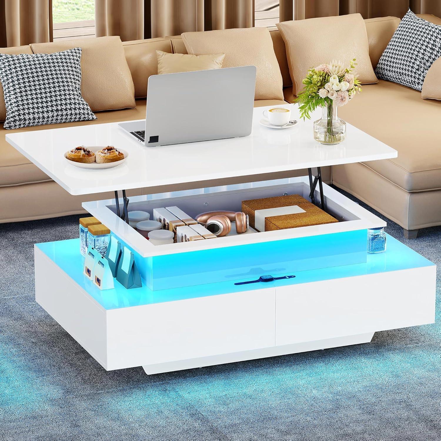 imageYITAHOME LED Coffee Table with Storage High Glossy LED Coffee Tables for Living Room Modern Black Rectangle Coffe Table Small Center Table with Open Display Shelf ampamp 4 Sliding Drawers Glossy BlackGlossy White