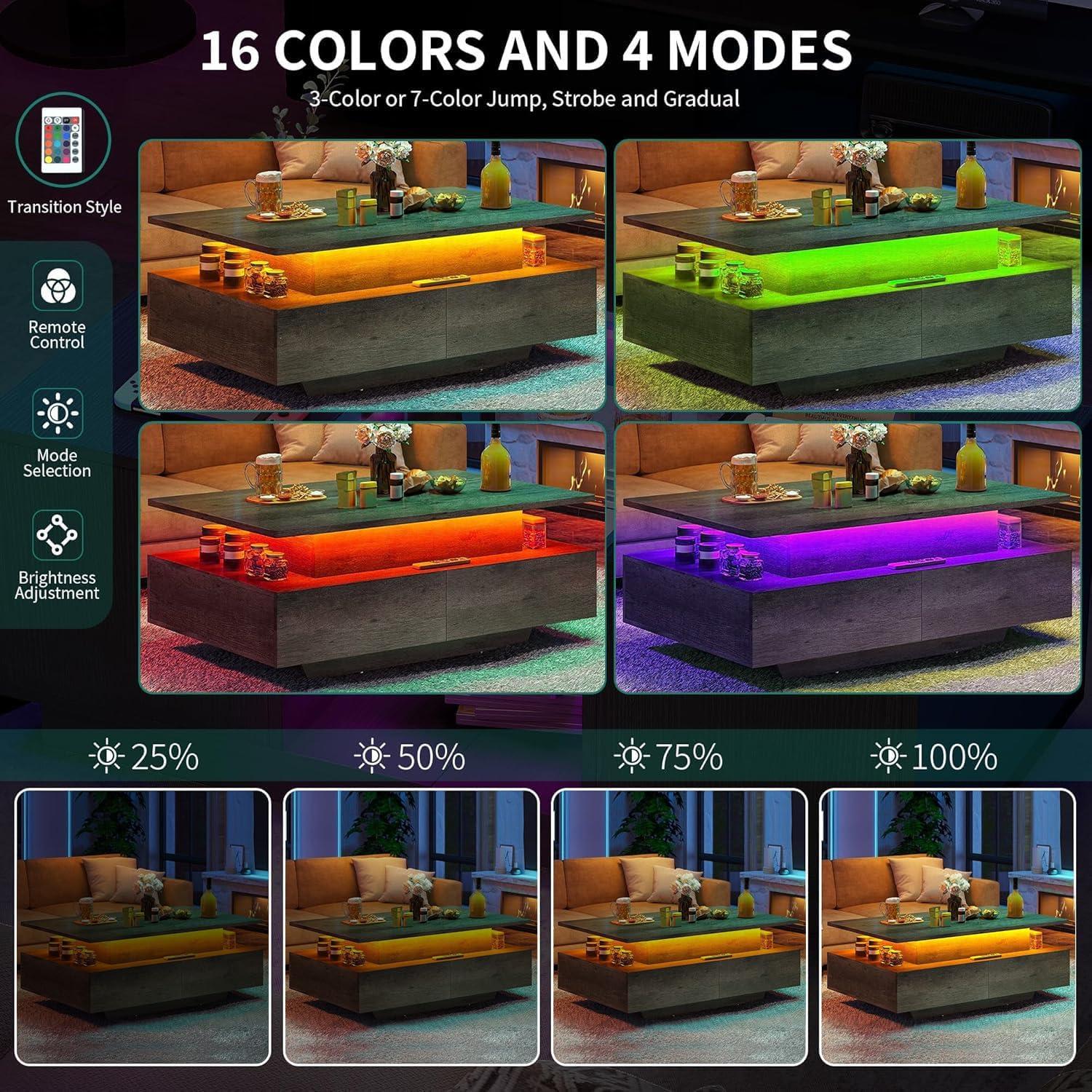 imageYITAHOME LED Coffee Table with Storage High Glossy LED Coffee Tables for Living Room Modern Black Rectangle Coffe Table Small Center Table with Open Display Shelf ampamp 4 Sliding Drawers Glossy BlackGrey