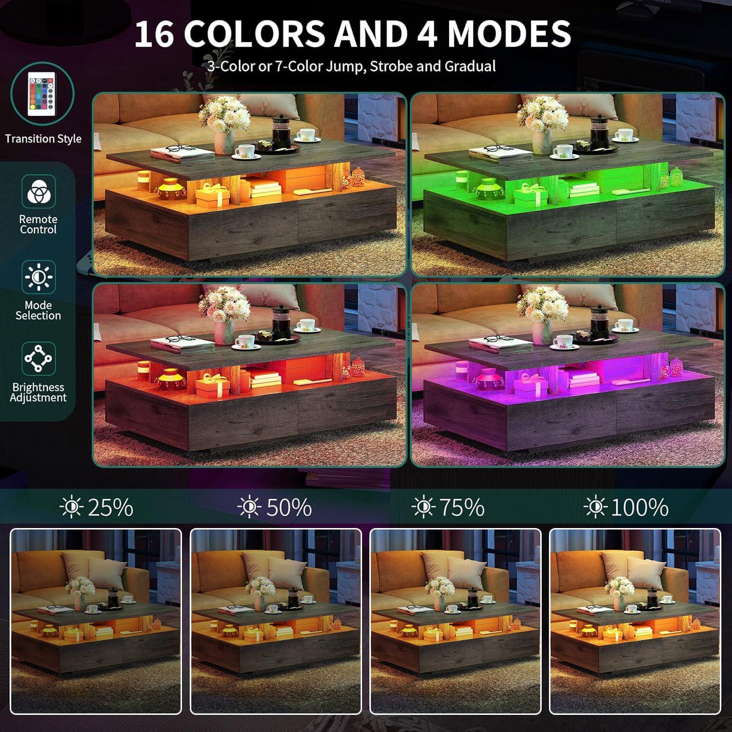 imageYITAHOME LED Coffee Table with Storage High Glossy LED Coffee Tables for Living Room Modern Black Rectangle Coffe Table Small Center Table with Open Display Shelf ampamp 4 Sliding Drawers Glossy BlackGrey