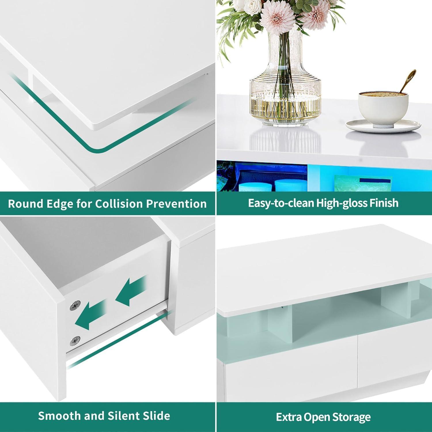 imageYITAHOME LED Coffee Table with Storage High Glossy LED Coffee Tables for Living Room Modern Black Rectangle Coffe Table Small Center Table with Open Display Shelf ampamp 4 Sliding Drawers Glossy BlackWhite