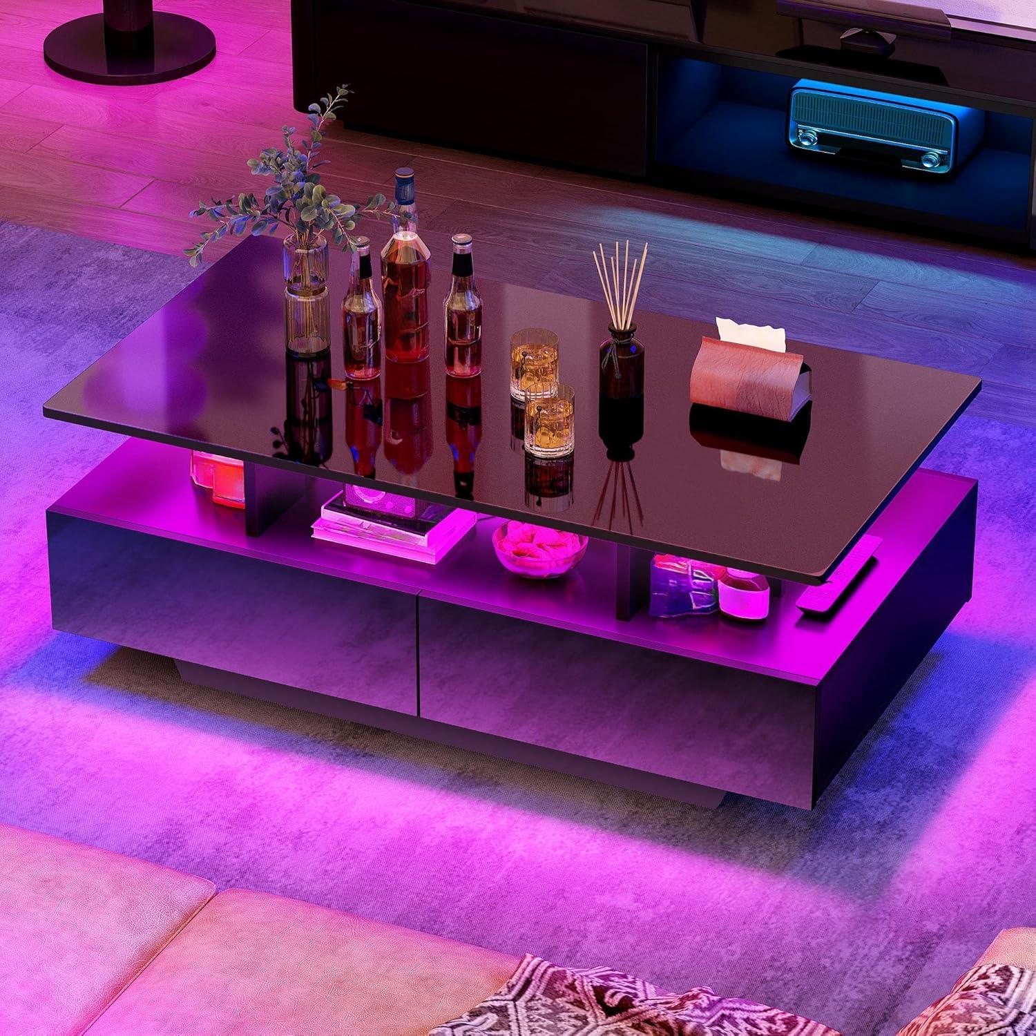 imageYITAHOME LED Coffee Table with Storage High Glossy LED Coffee Tables for Living Room Modern Black Rectangle Coffe Table Small Center Table with Open Display Shelf ampamp 4 Sliding Drawers Glossy BlackGlossy Black