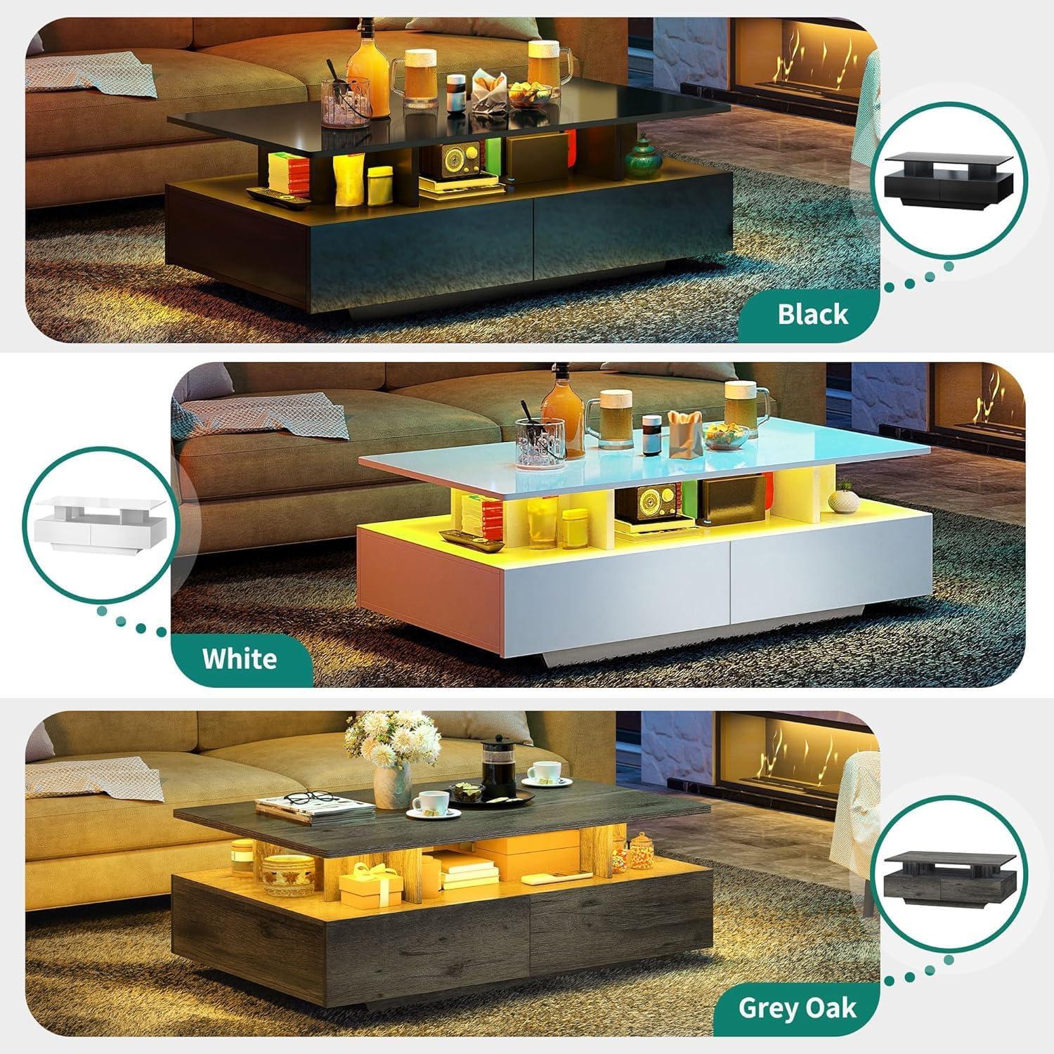 imageYITAHOME LED Coffee Table with Storage High Glossy LED Coffee Tables for Living Room Modern Black Rectangle Coffe Table Small Center Table with Open Display Shelf ampamp 4 Sliding Drawers Glossy BlackWhite