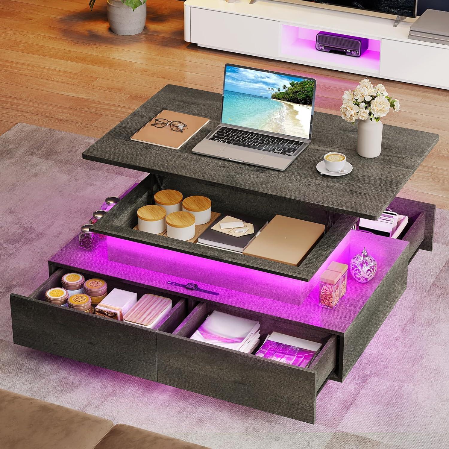 imageYITAHOME LED Coffee Table with Storage High Glossy LED Coffee Tables for Living Room Modern Black Rectangle Coffe Table Small Center Table with Open Display Shelf ampamp 4 Sliding Drawers Glossy BlackGrey