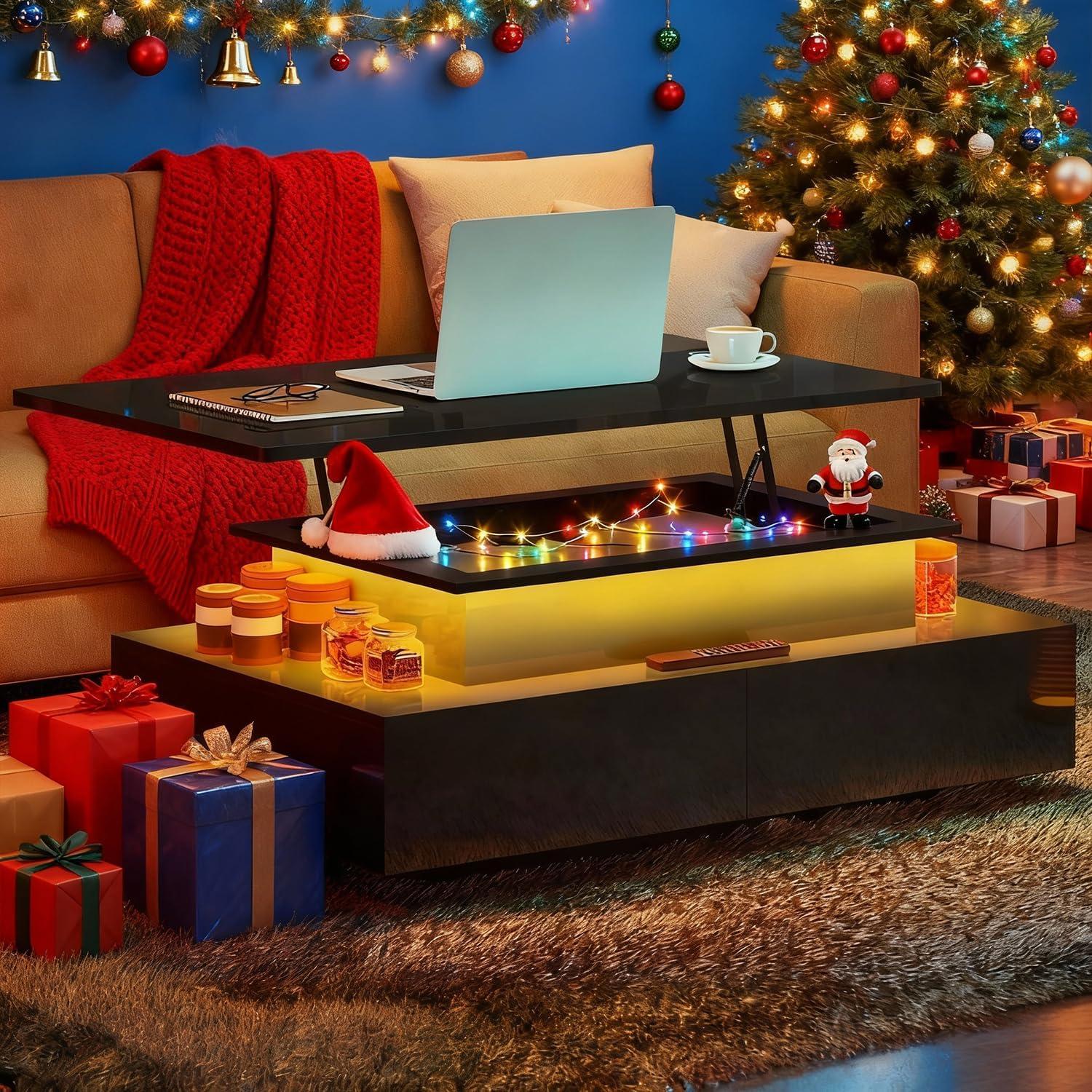 imageYITAHOME LED Coffee Table with Storage High Glossy LED Coffee Tables for Living Room Modern Black Rectangle Coffe Table Small Center Table with Open Display Shelf ampamp 4 Sliding Drawers Glossy BlackGlossy Black