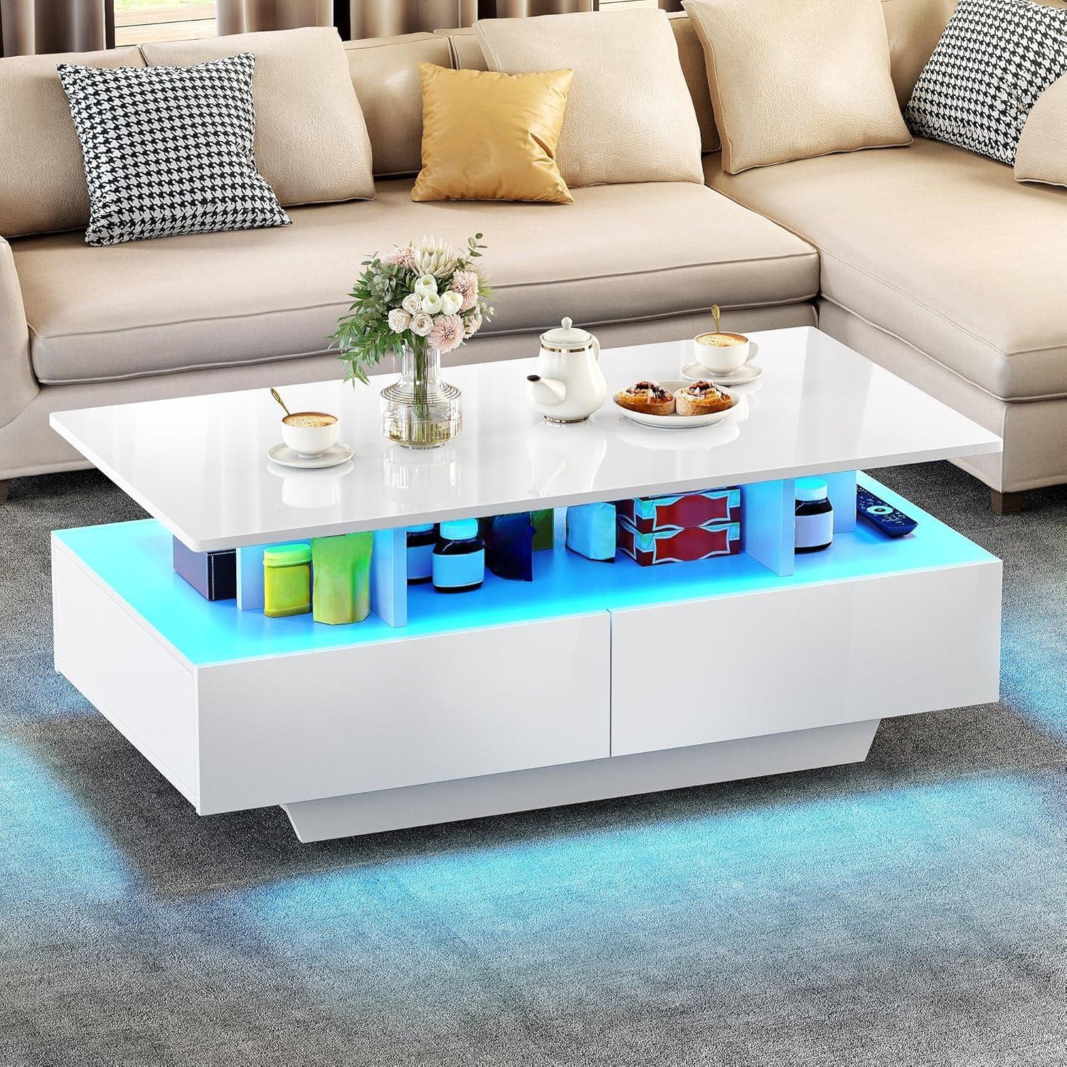 imageYITAHOME LED Coffee Table with Storage High Glossy LED Coffee Tables for Living Room Modern Black Rectangle Coffe Table Small Center Table with Open Display Shelf ampamp 4 Sliding Drawers Glossy BlackWhite