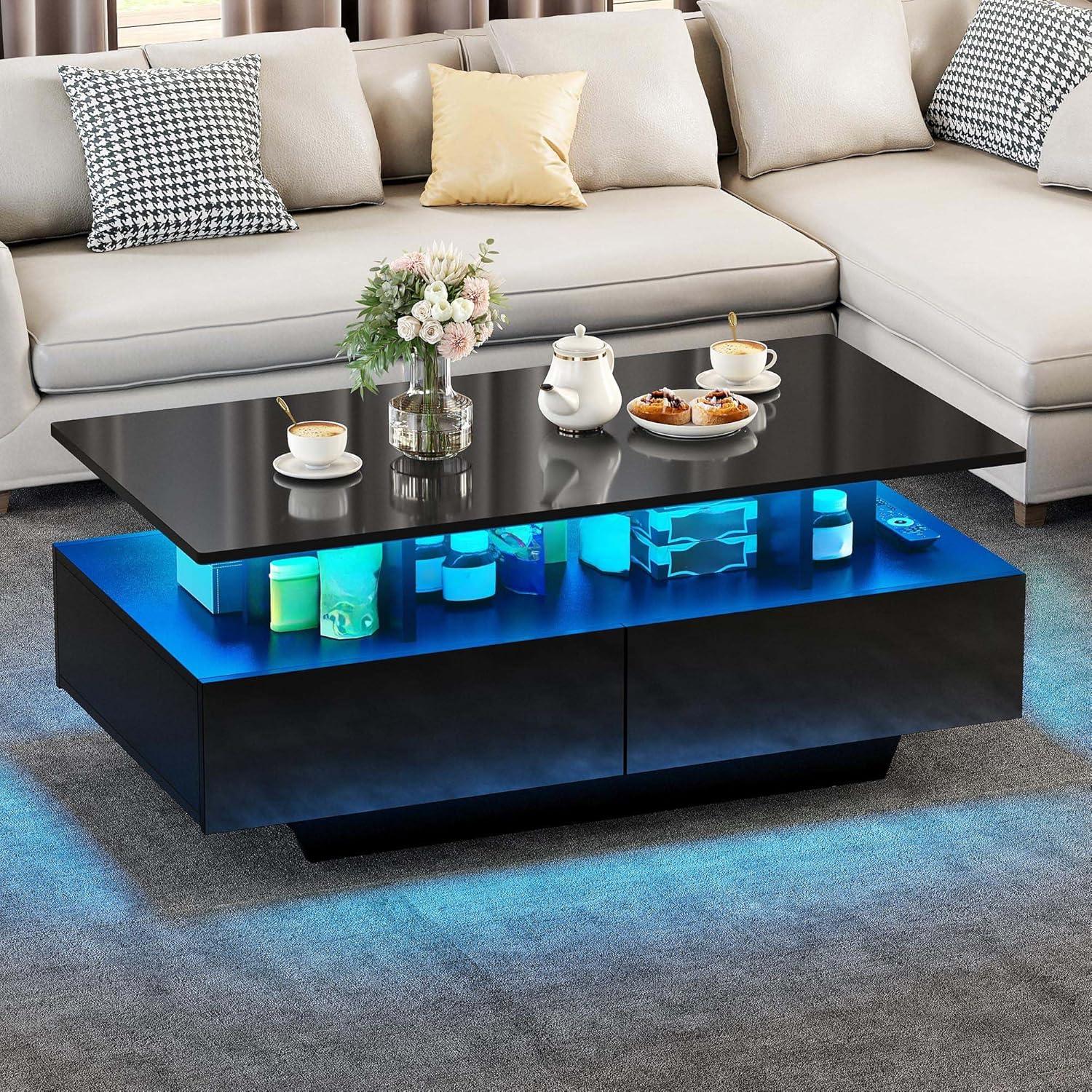 imageYITAHOME LED Coffee Table with Storage High Glossy LED Coffee Tables for Living Room Modern Black Rectangle Coffe Table Small Center Table with Open Display Shelf ampamp 4 Sliding Drawers Glossy BlackGlossy Black