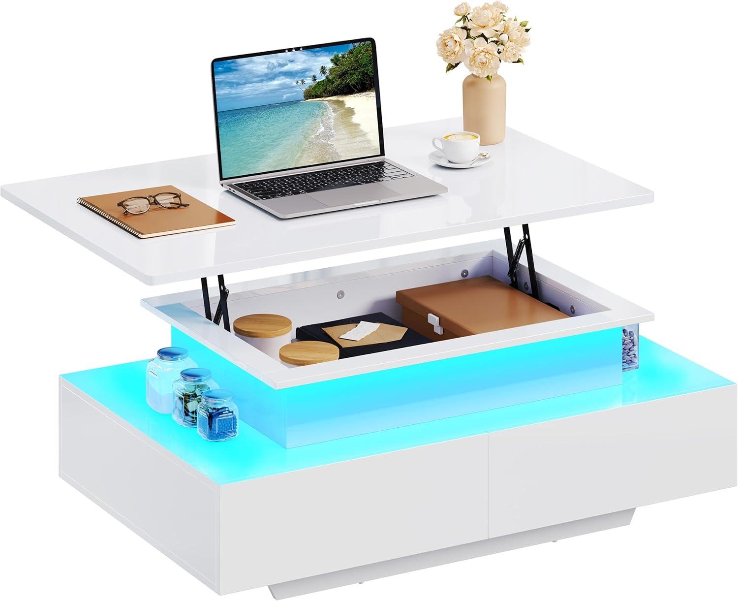 imageYITAHOME LED Coffee Table with Storage High Glossy LED Coffee Tables for Living Room Modern Black Rectangle Coffe Table Small Center Table with Open Display Shelf ampamp 4 Sliding Drawers Glossy BlackGlossy White